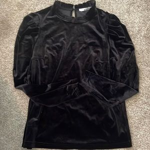 E. Ssue Velvet Long Sleeve Shirt with Ruffle Shoulder Detail